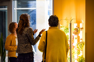 HopeWorks CEO, Annam Manthiram speaking to two women in a group.