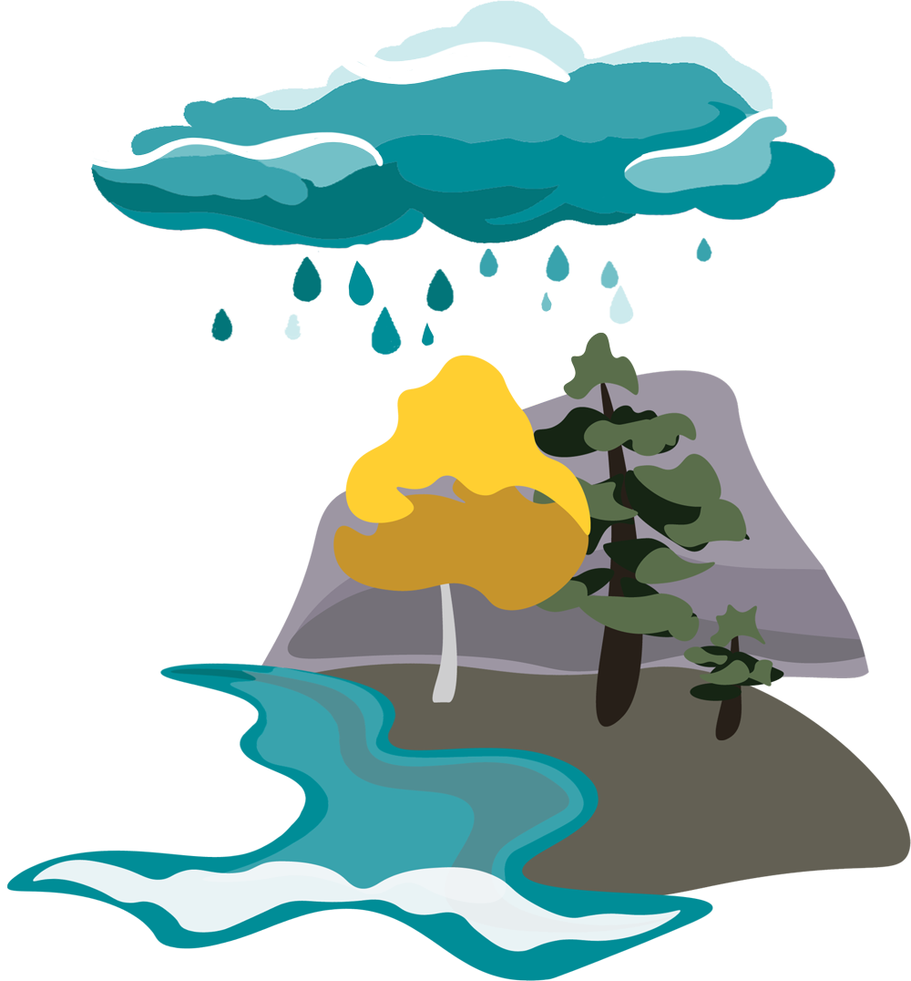 A graphic including a river, three trees, soil, and rain representing togetherness and community.