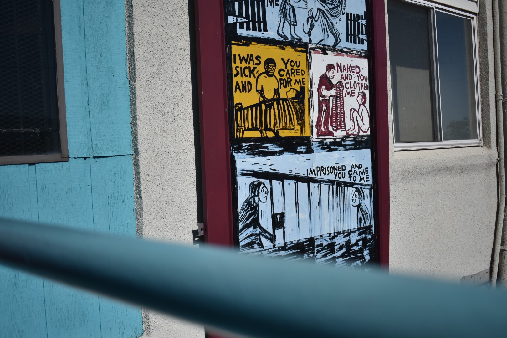 Block print artwork depicting acts of community care.